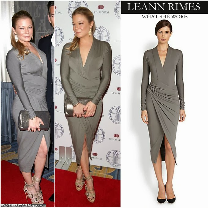WHAT SHE WORE LeAnn Rimes in grey long sleeve wrap dress by Donna